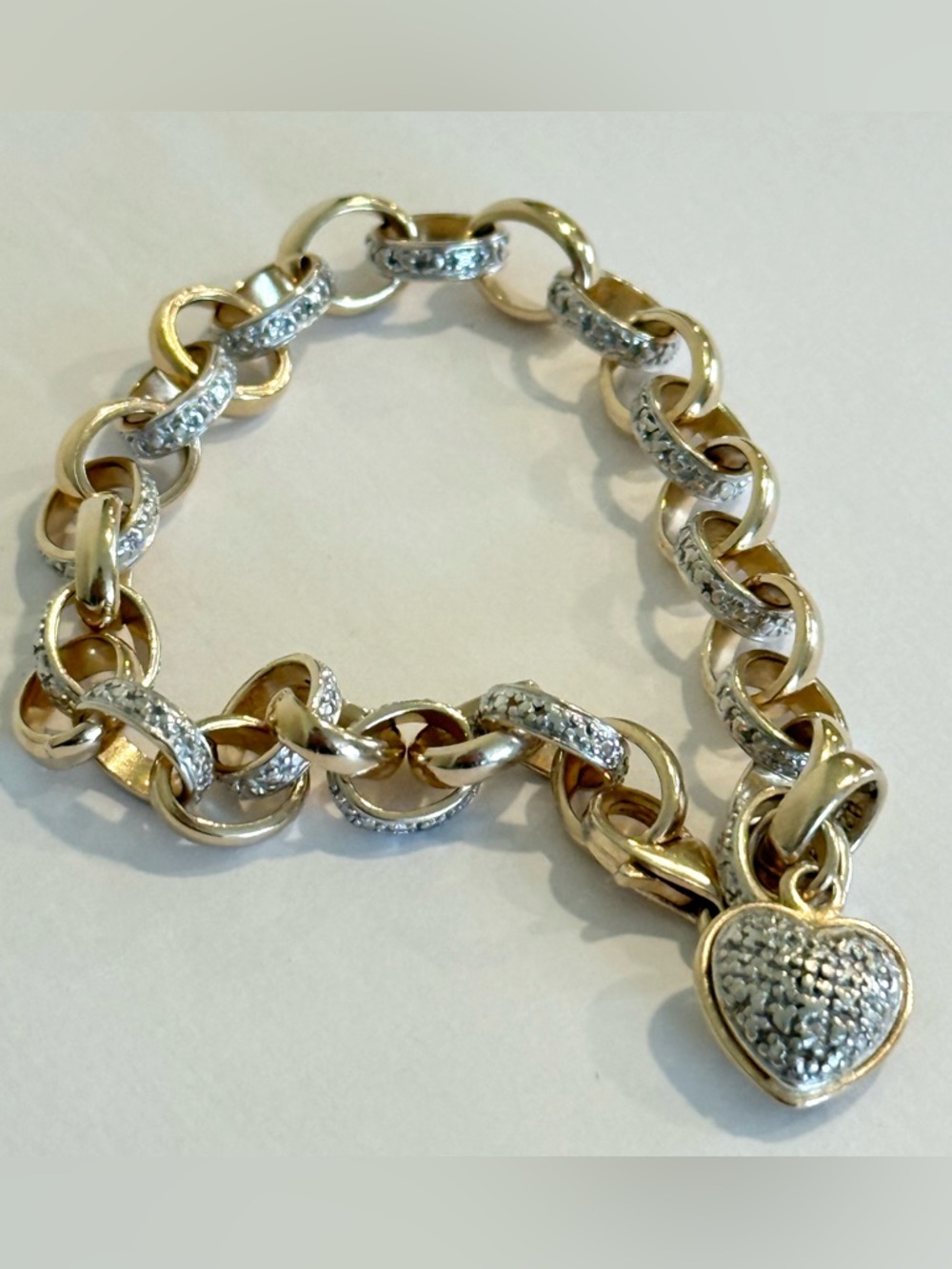 Sterling Silver 925 & Gold Vermeil 2 Tone Rolo Link Bracelet Chain 7.5” Heart